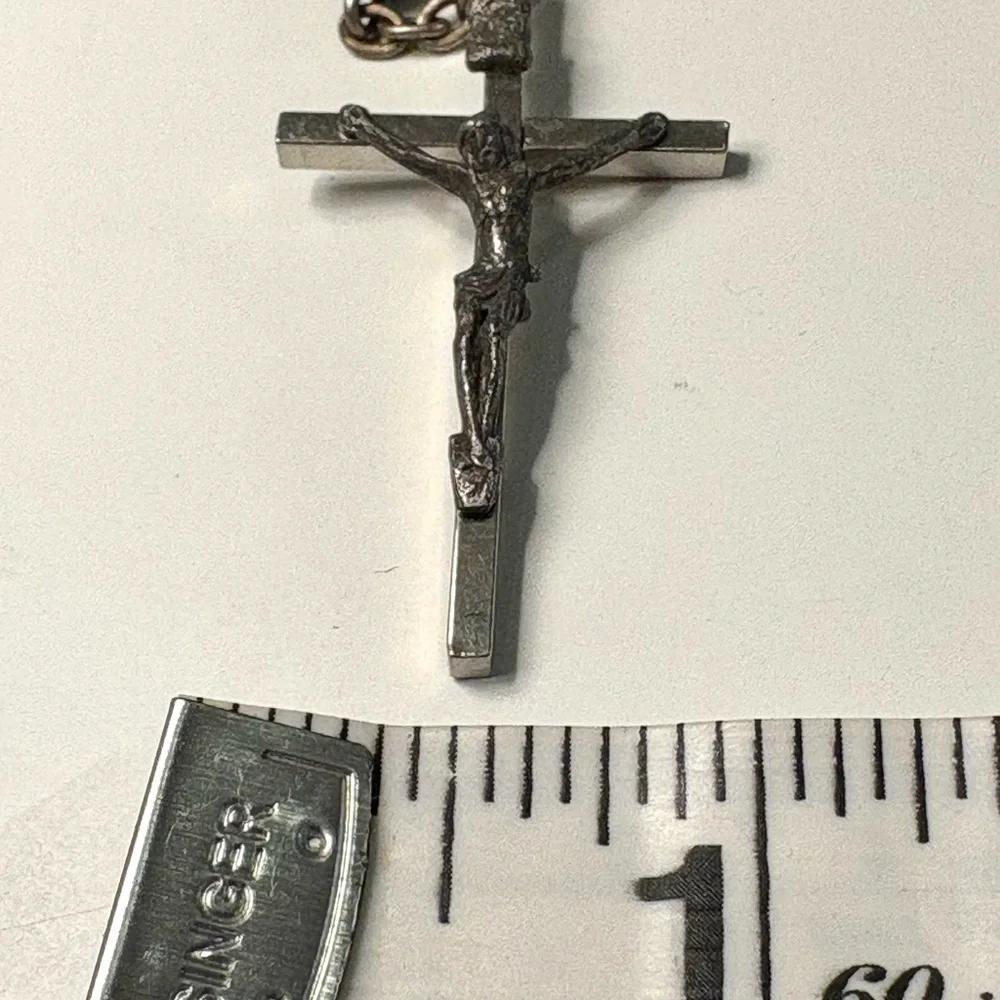 Vintage Catholic Rosary Black Beads Silver Tone Crucifix Sacred Heart
